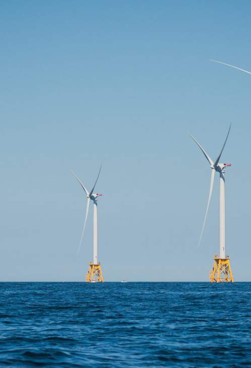 A wind turbine being assembled in an offshore wind farm in Rhode Island.